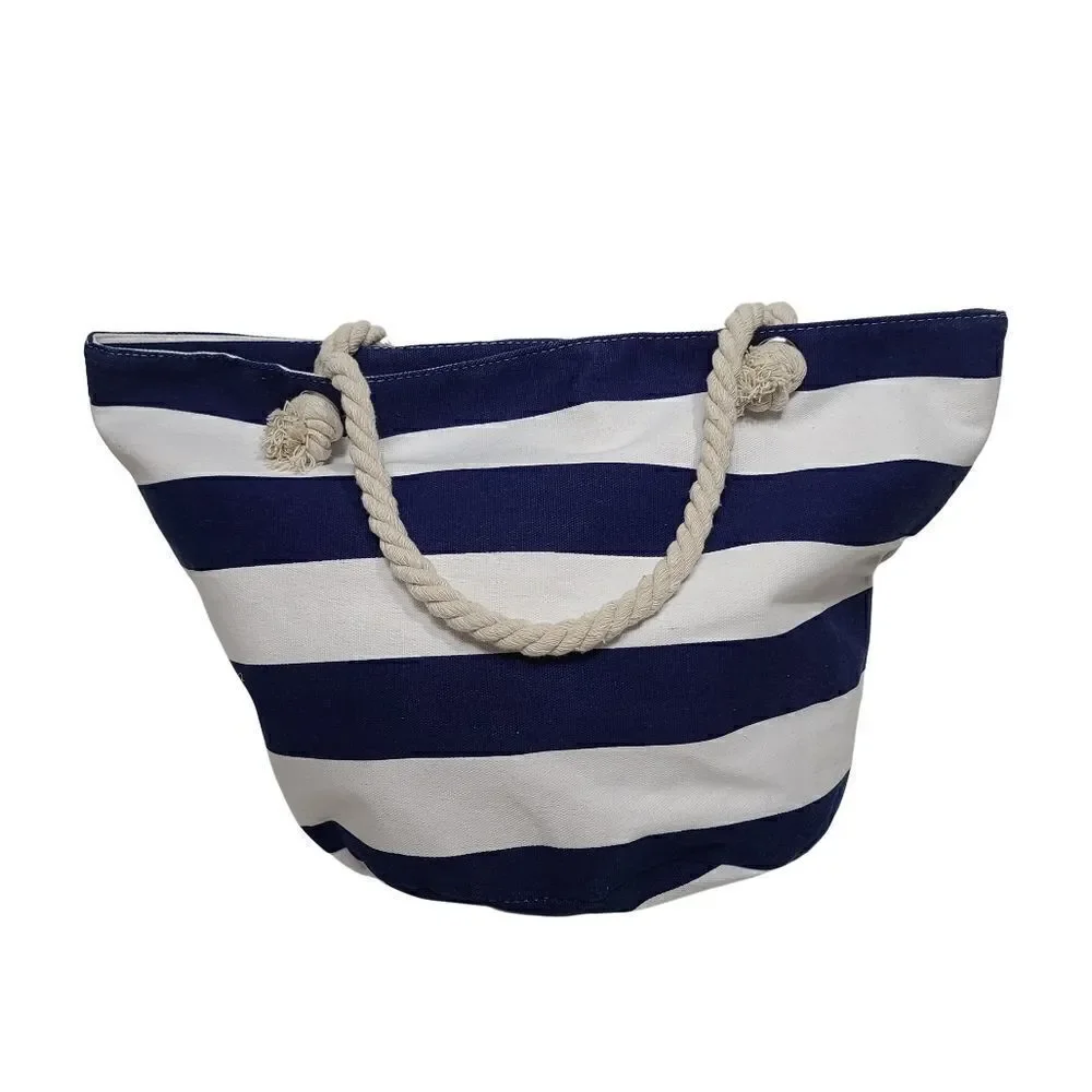 Risca Win blue & white striped Beach tote bag